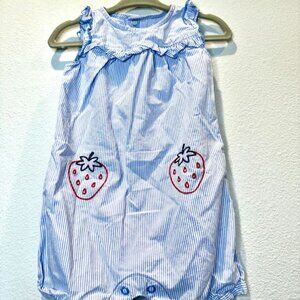 Sweet Strawberry Embroidered Pin Stripe Romper | 6-9 mon| EUC